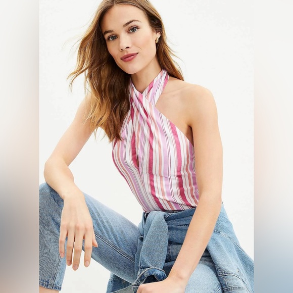 Loft Striped Crossover Halter Top Size Large EUC - Picture 3 of 13